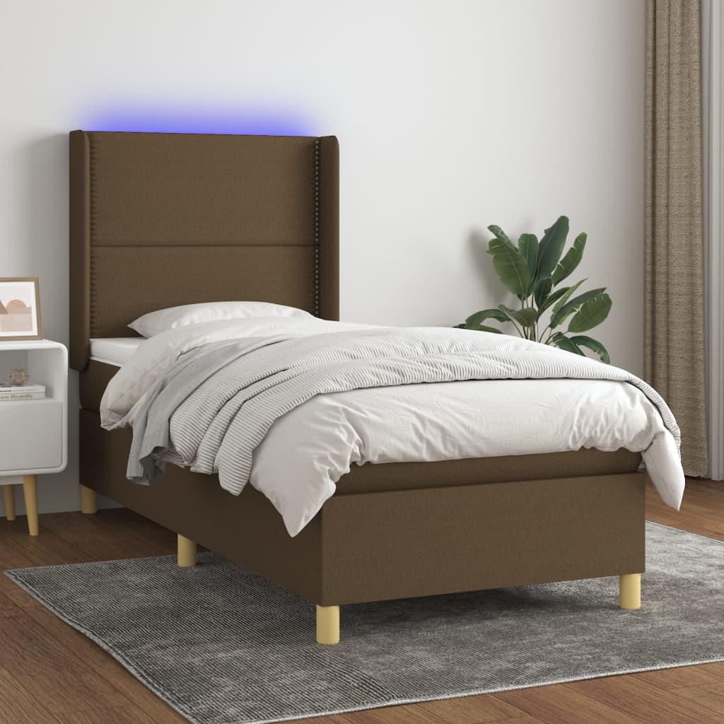 Krevet box spring s madracem LED smeđesivi 90x200 cm tkanina