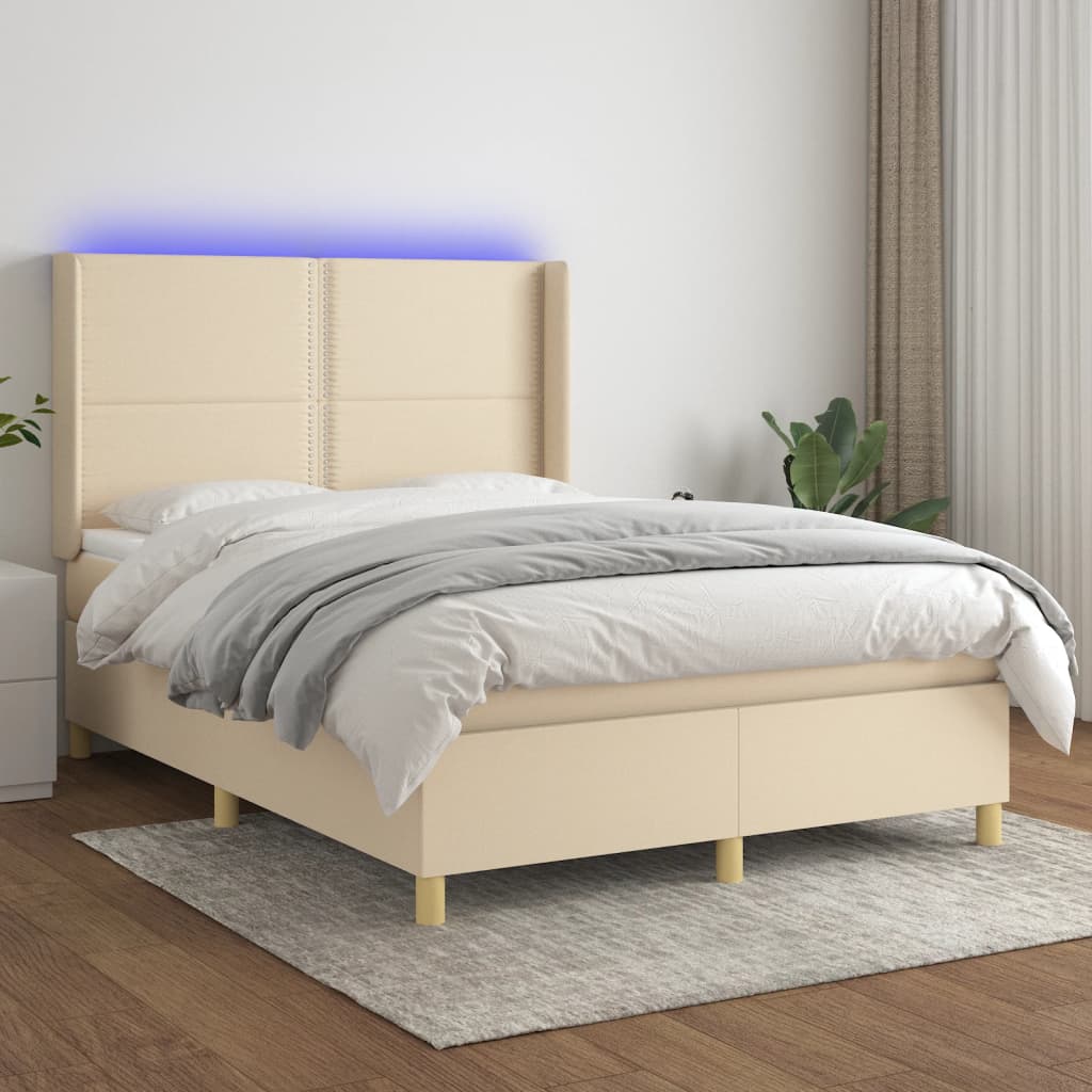 Krevet box spring s madracem LED krem 140x200 cm od tkanine