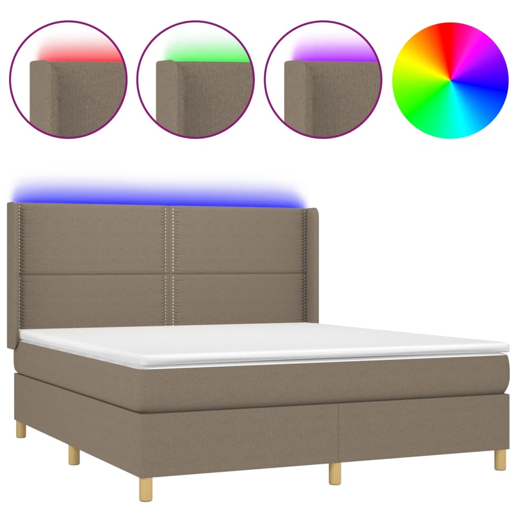Krevet box spring s madracem LED smeđesivi 180x200 cm tkanina