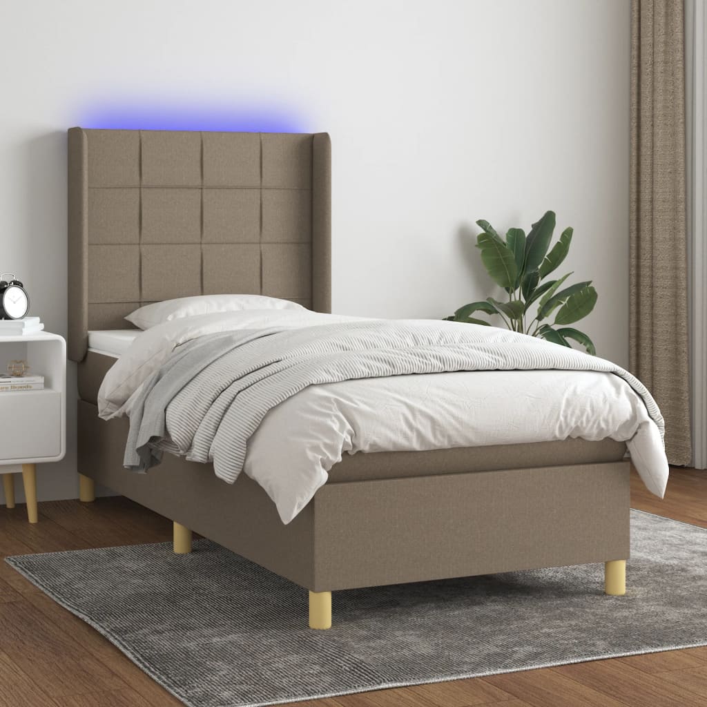Krevet box spring s madracem LED smeđesivi 80 x 200 cm tkanina