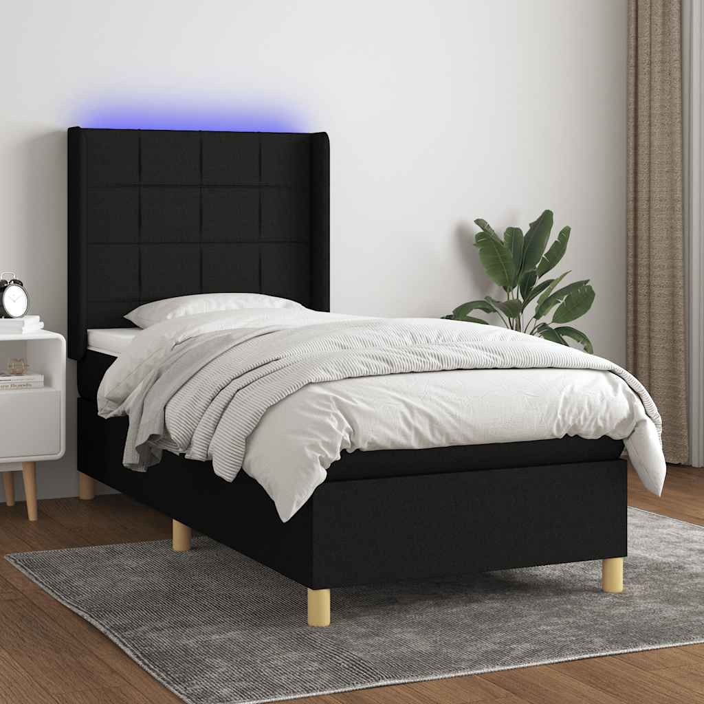 Krevet box spring s madracem LED crni 90x190 cm od tkanine