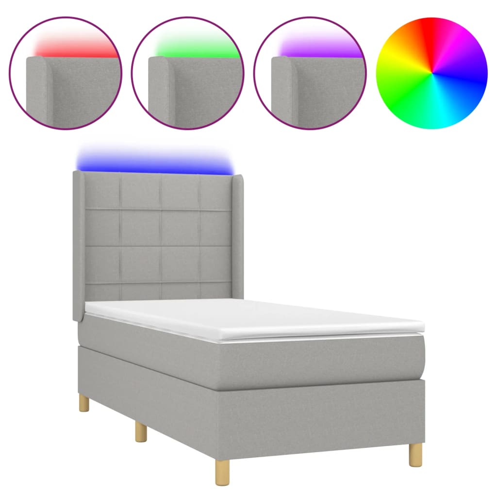 Krevet box spring s madracem LED svjetlosivi 90x200 cm tkanina