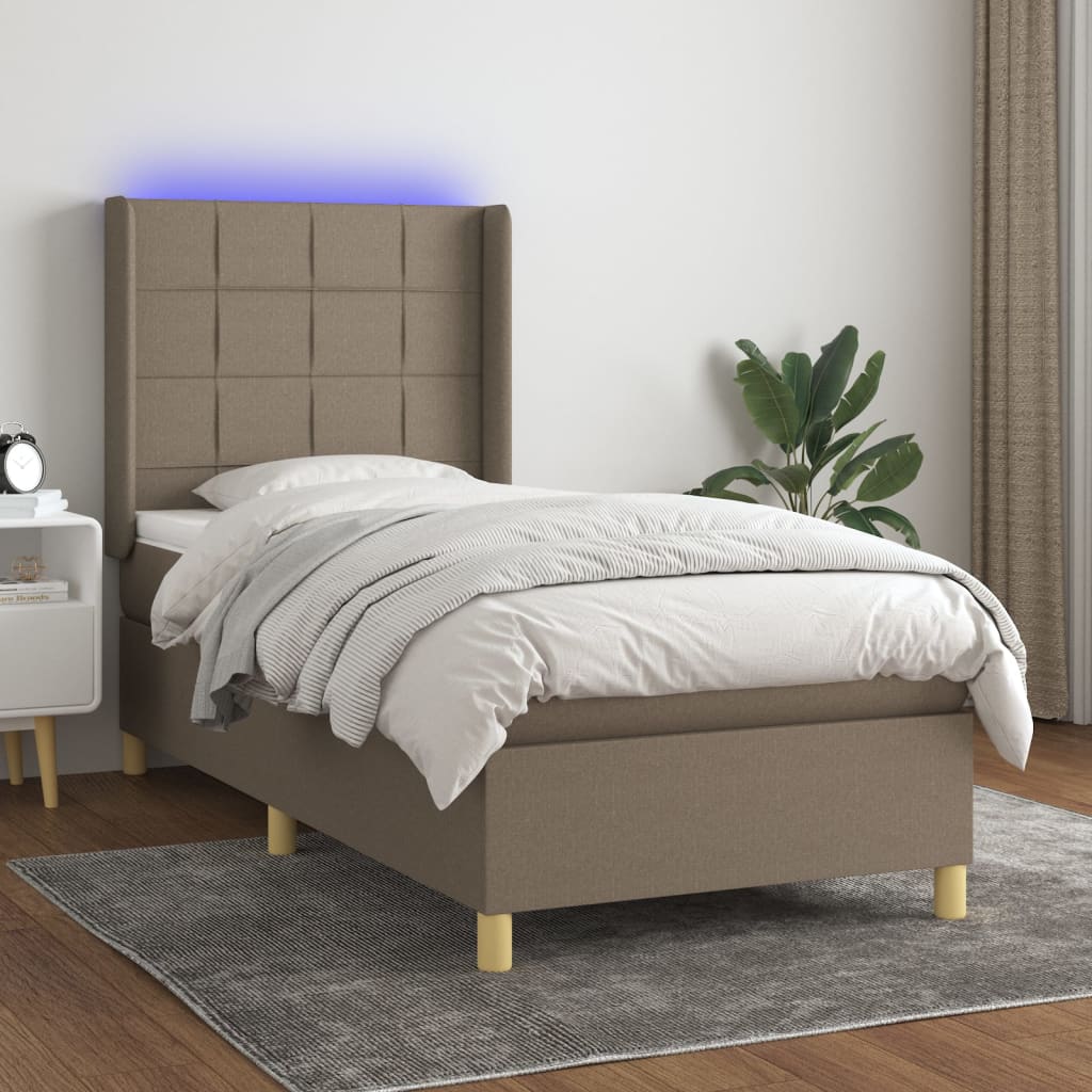 Krevet box spring s madracem LED smeđesivi 90x200 cm tkanina