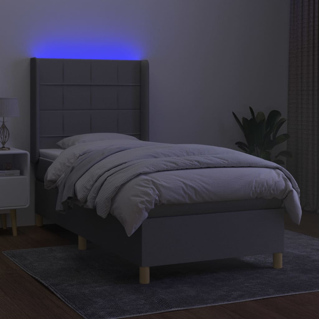 Krevet box spring s madracem LED svjetlosivi 100x200 cm tkanina