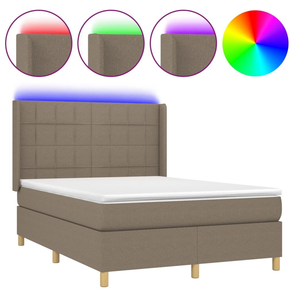 Krevet box spring s madracem LED smeđesivi 140x190 cm tkanina