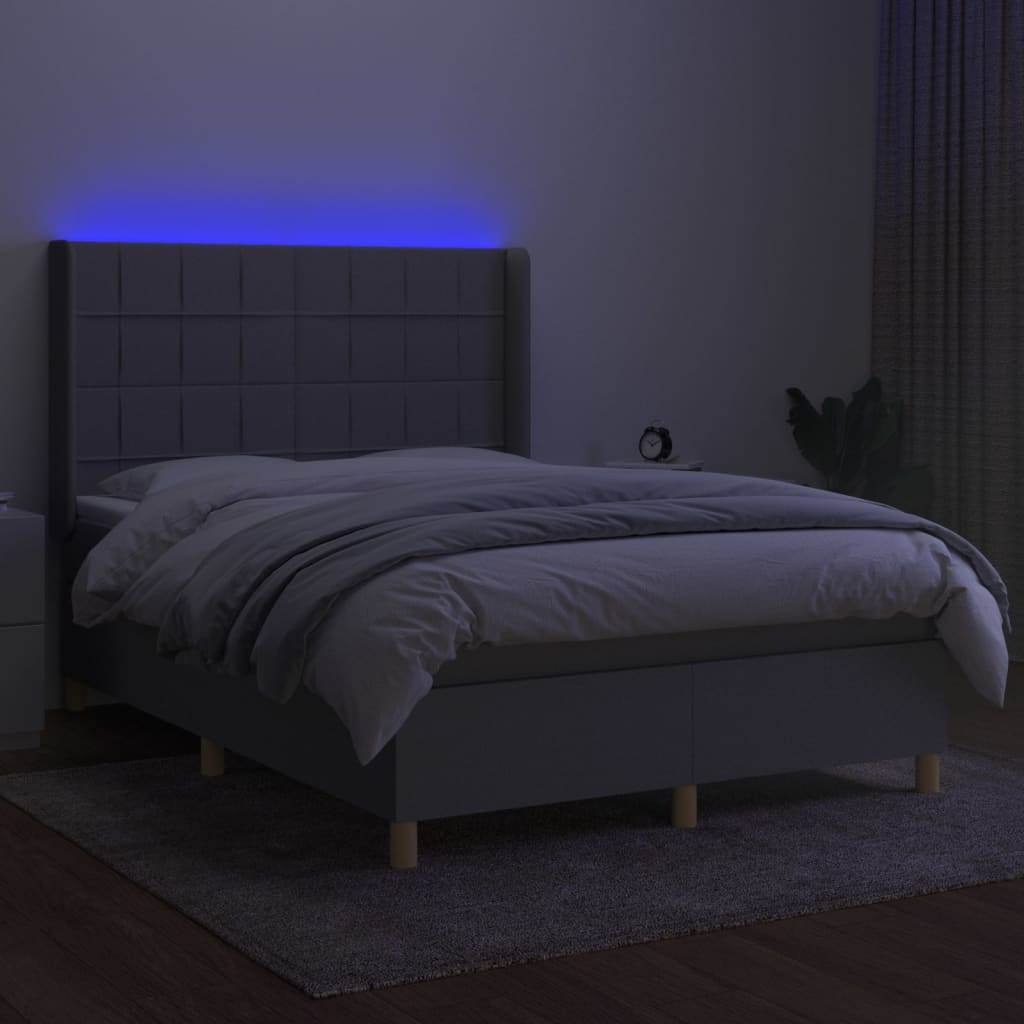 Krevet box spring s madracem LED svjetlosivi 140x200 cm tkanina