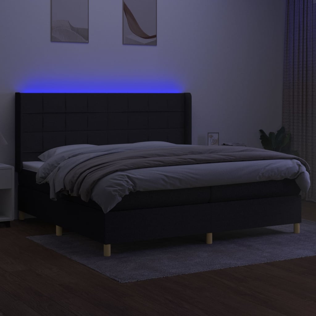 Krevet box spring s madracem LED crni 200x200 cm od tkanine