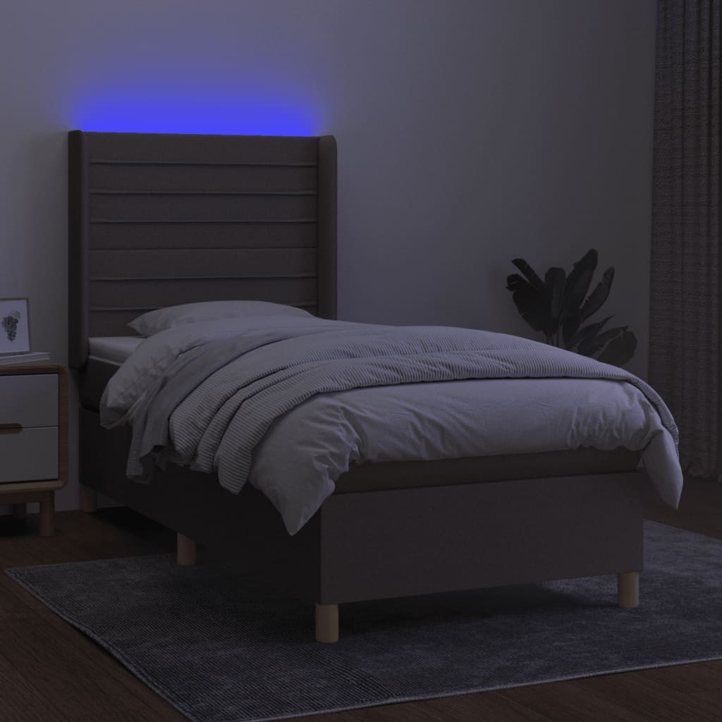 Krevet box spring s madracem LED smeđesivi 100x200 cm tkanina
