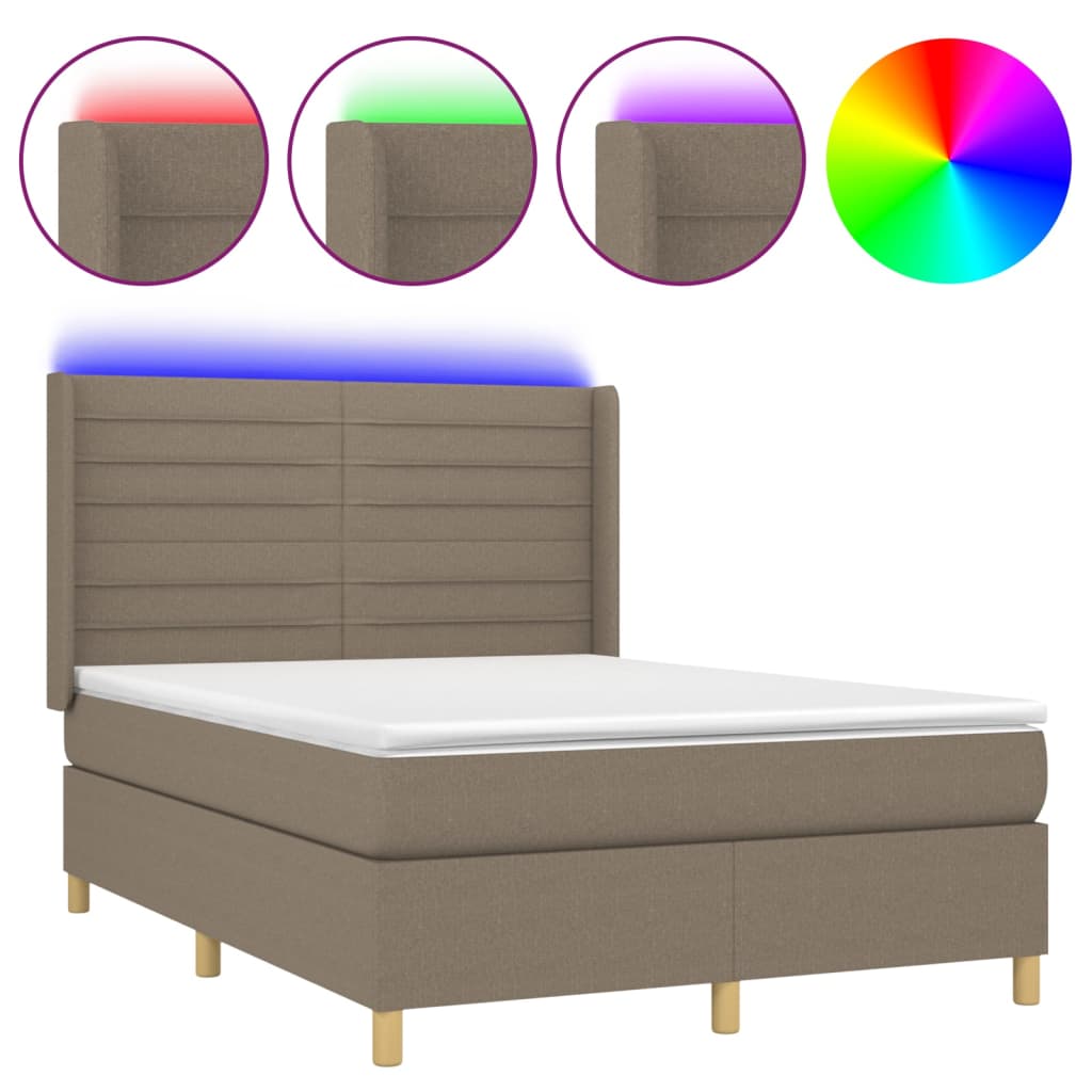 Krevet box spring s madracem LED smeđesivi 140x190 cm tkanina