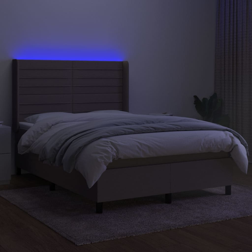 Krevet box spring s madracem LED smeđesivi 140x200 cm tkanina
