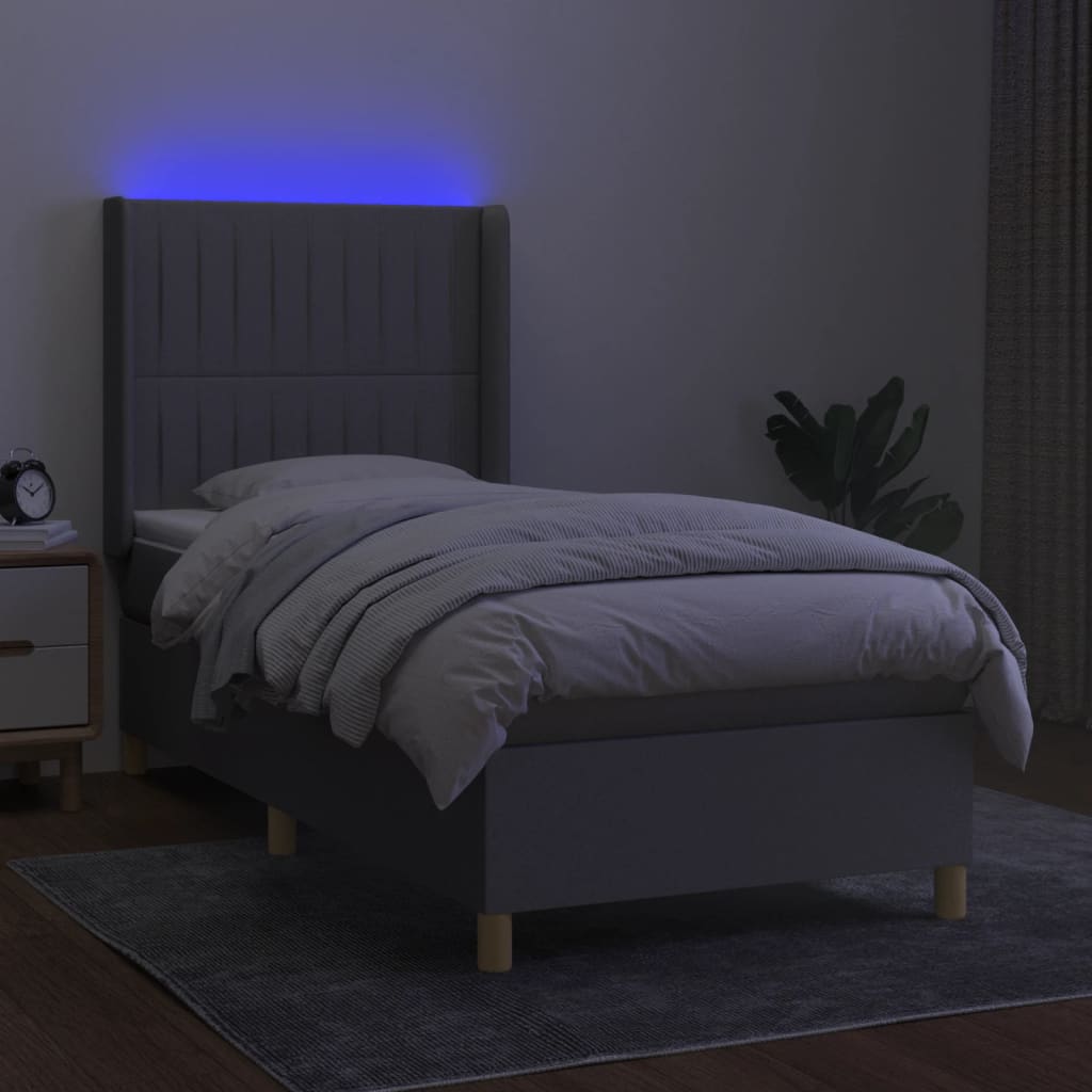 Krevet box spring s madracem LED svjetlosivi 90x190 cm tkanina