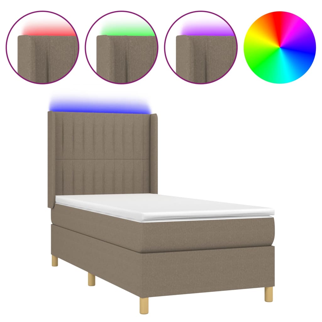 Krevet box spring s madracem LED smeđesivi 90x190 cm tkanina