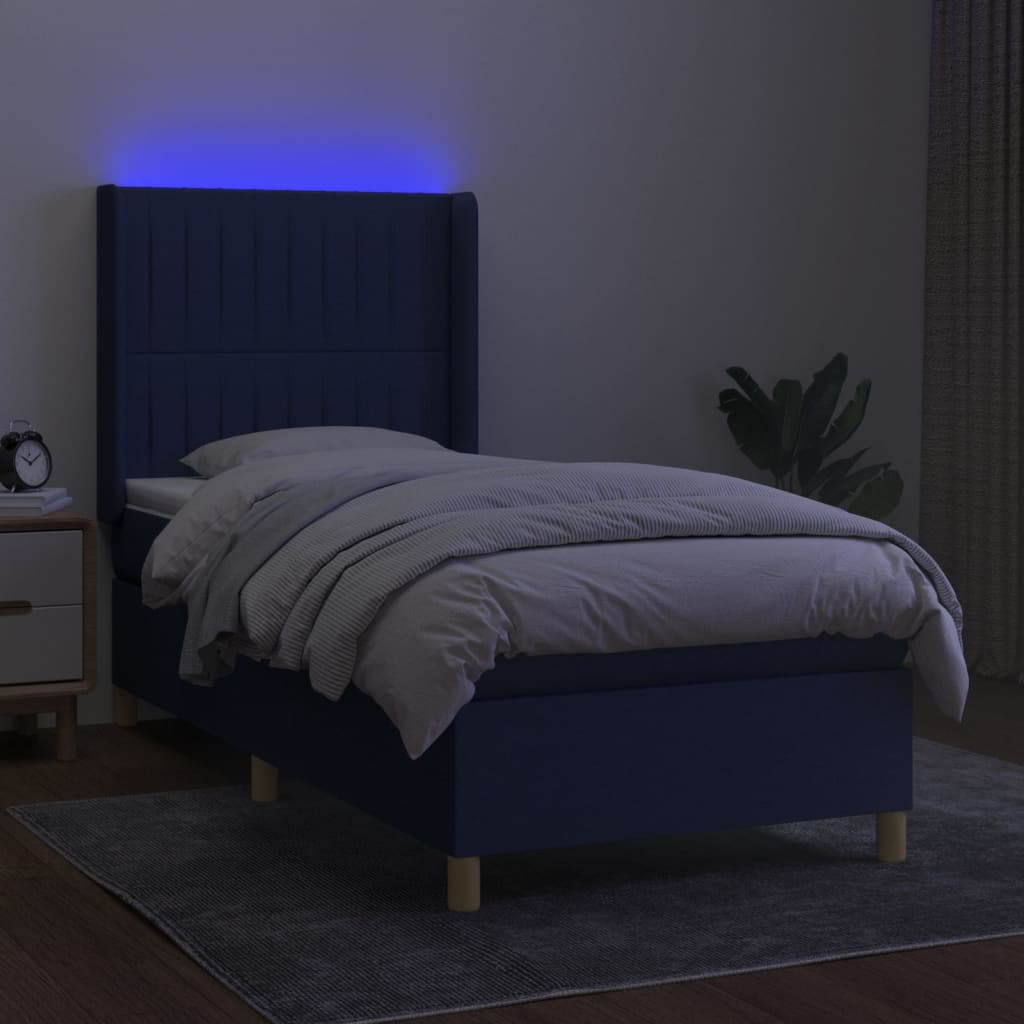 Krevet box spring s madracem LED plavi 90x190 cm od tkanine