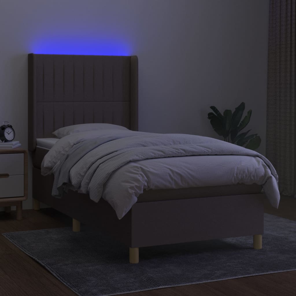 Krevet box spring s madracem LED smeđesivi 100x200 cm tkanina