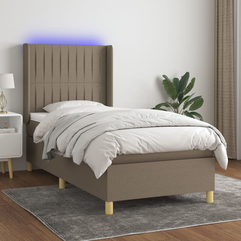 Krevet box spring s madracem LED smeđesivi 100x200 cm tkanina