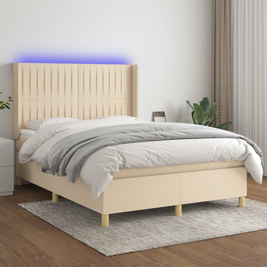 Krevet box spring s madracem LED krem 140x190 cm od tkanine