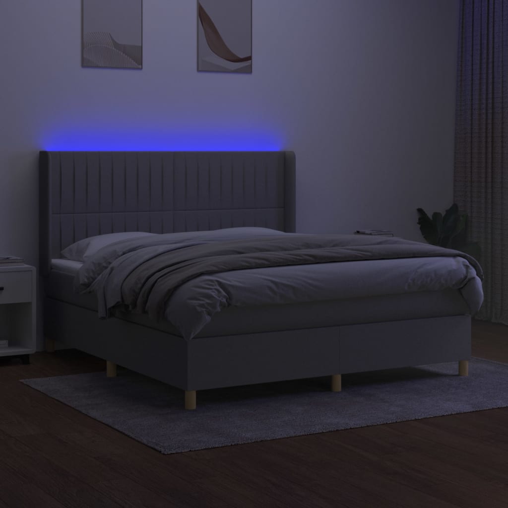 Krevet box spring s madracem LED svjetlosivi 160x200 cm tkanina