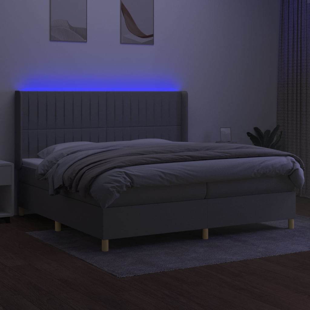 Krevet box spring s madracem LED svjetlosivi 200x200 cm tkanina