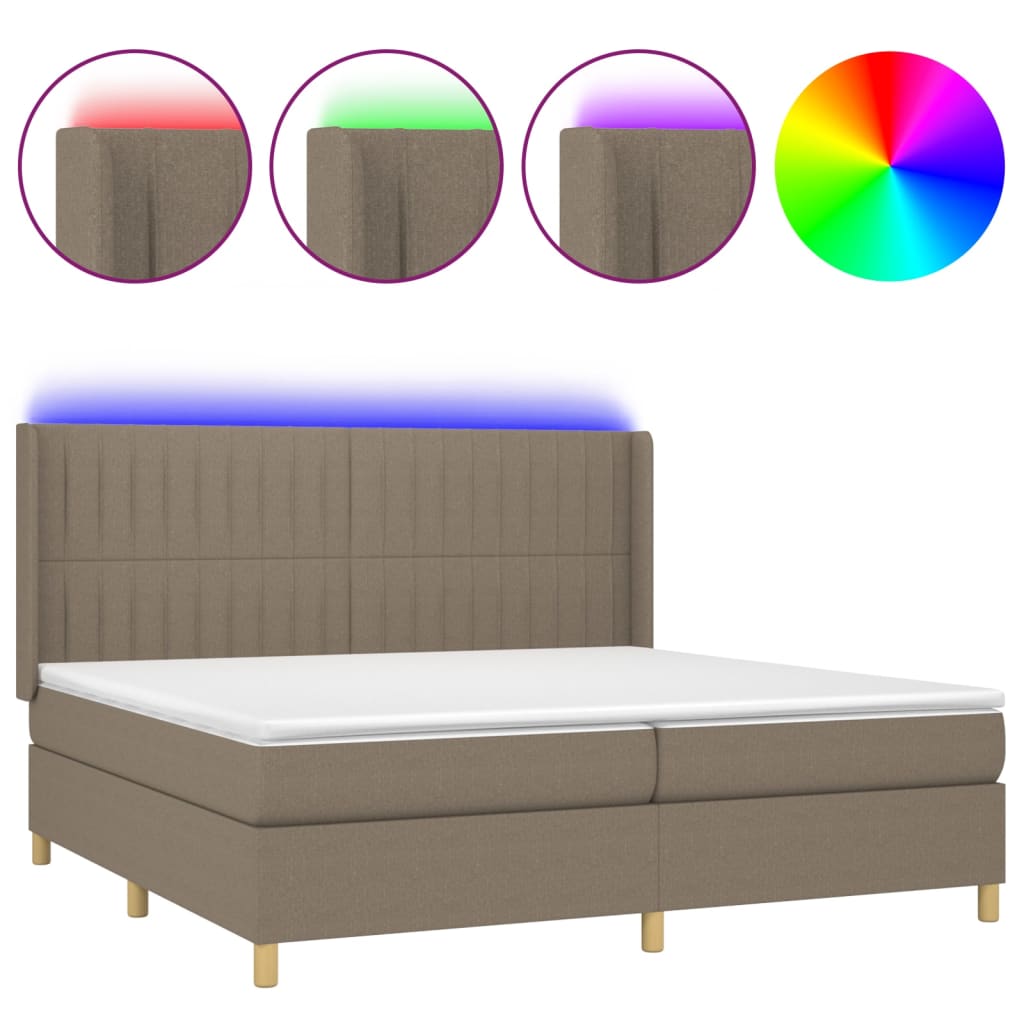 Krevet box spring s madracem LED smeđesivi 200x200 cm tkanina