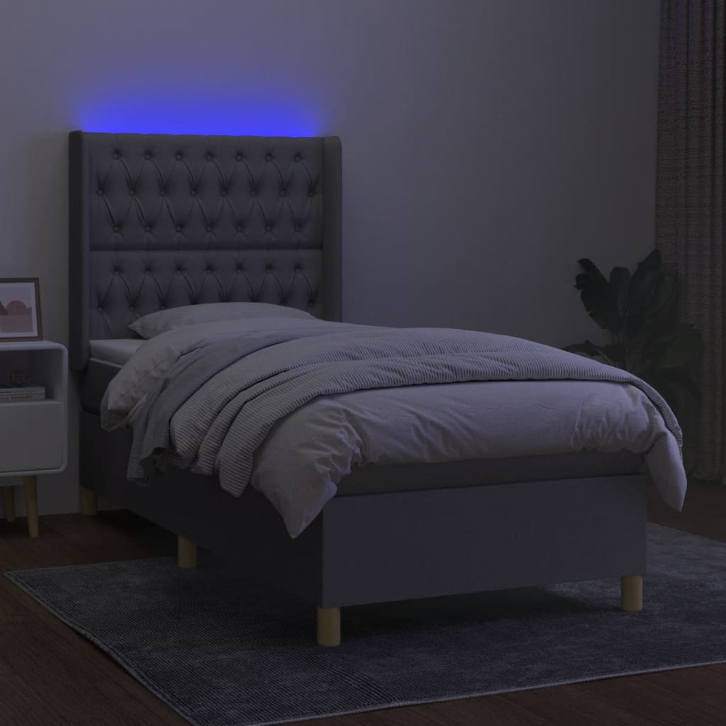 Krevet box spring s madracem LED svjetlosivi 90x190 cm tkanina