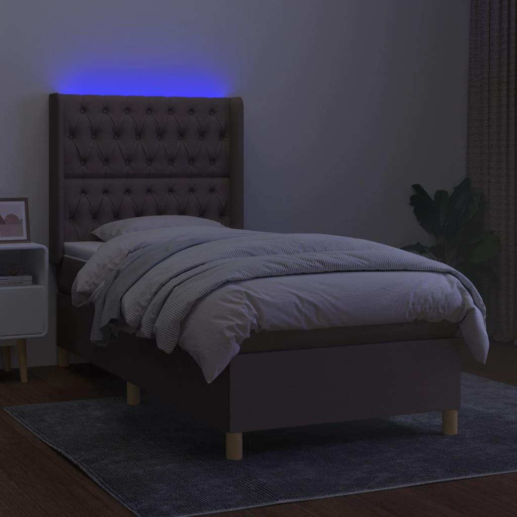 Krevet box spring s madracem LED smeđesivi 100x200 cm tkanina
