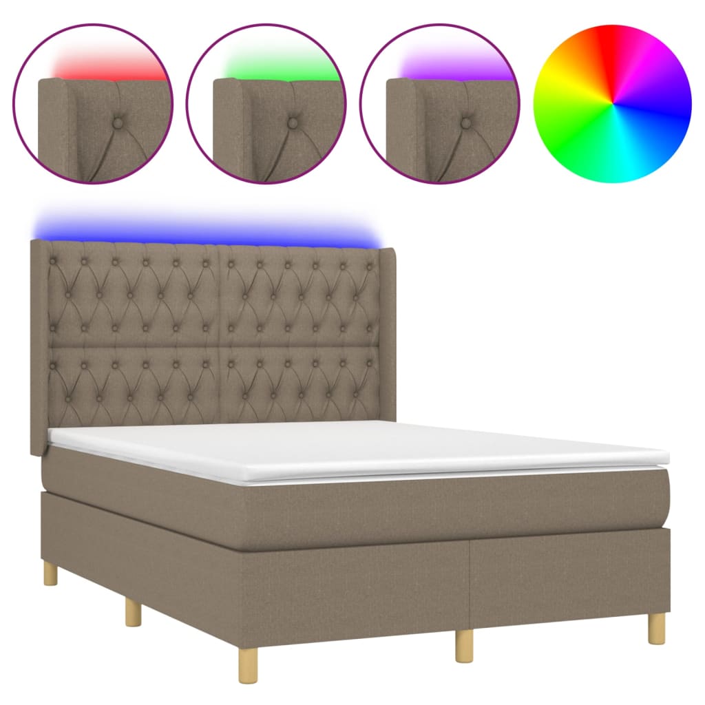 Krevet box spring s madracem LED smeđesivi 140x190 cm tkanina
