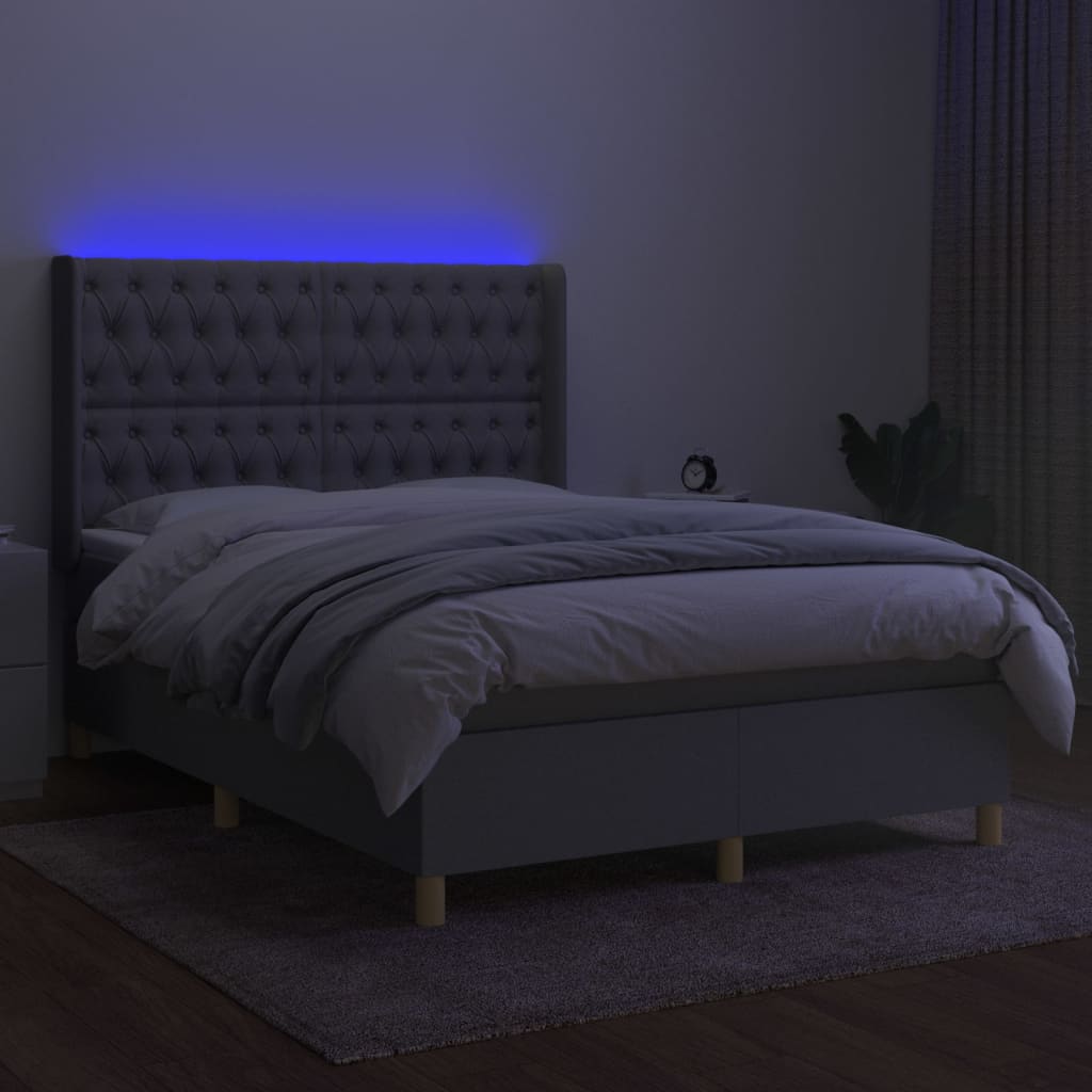 Krevet box spring s madracem LED svjetlosivi 140x200 cm tkanina