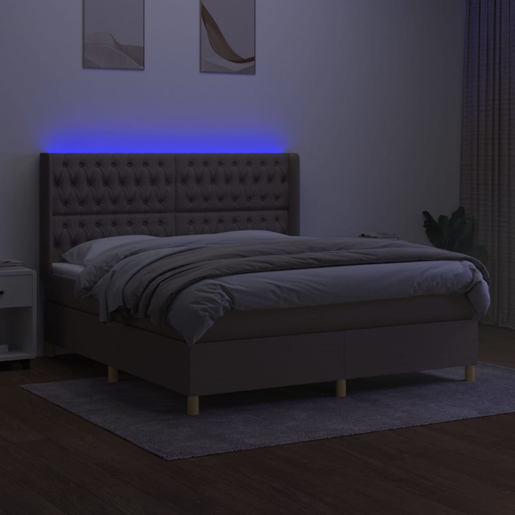 Krevet box spring s madracem LED smeđesivi 160x200 cm tkanina