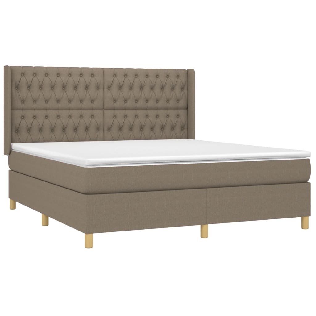 Krevet box spring s madracem LED smeđesivi 180x200 cm tkanina