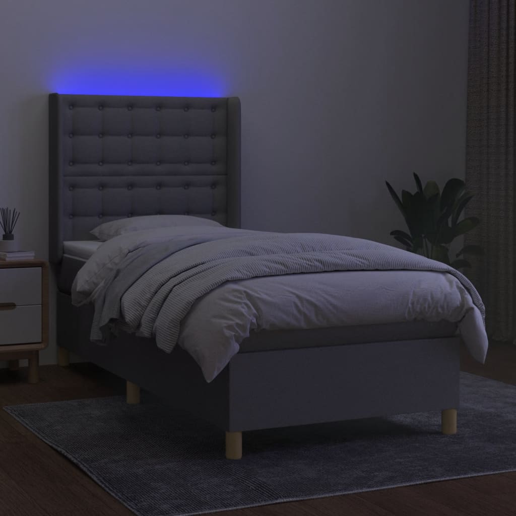 Krevet box spring s madracem LED svjetlosivi 90x200 cm tkanina