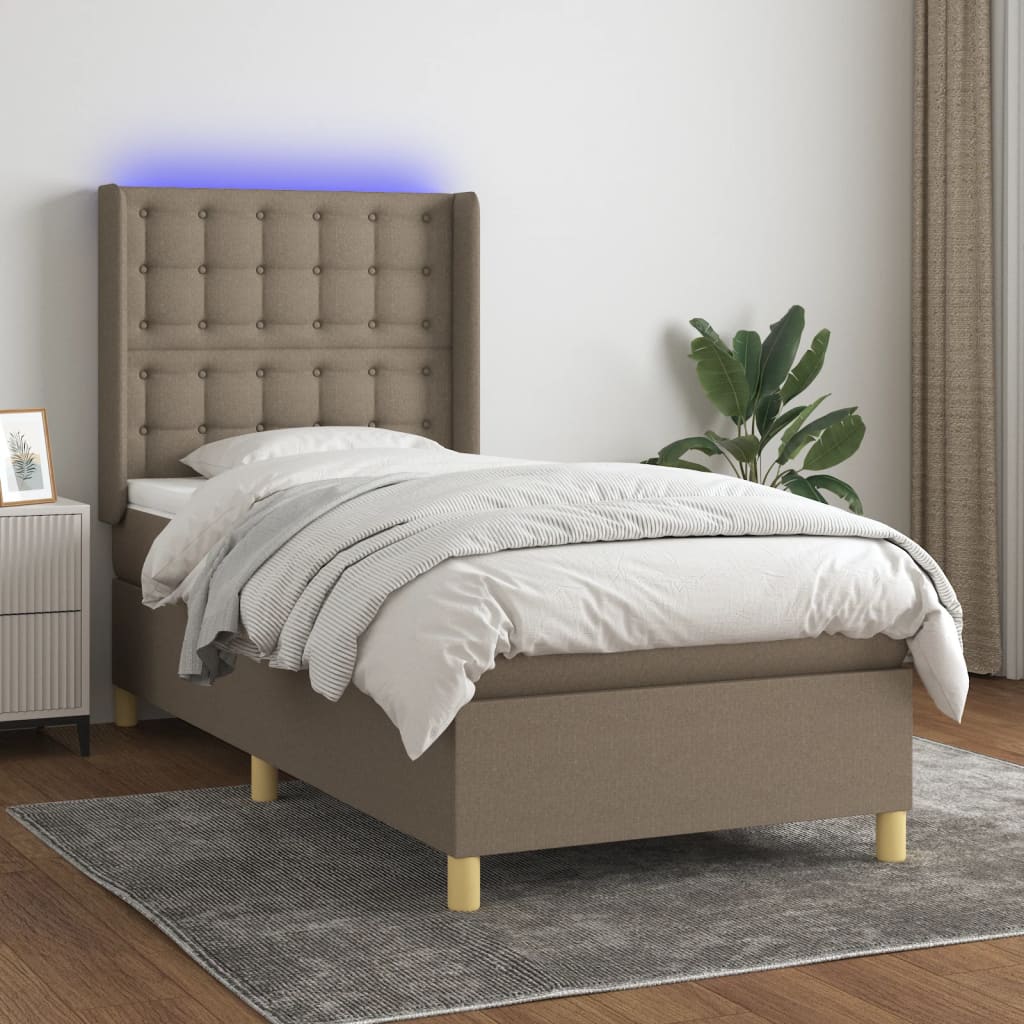 Krevet box spring s madracem LED smeđesivi 90x200 cm tkanina