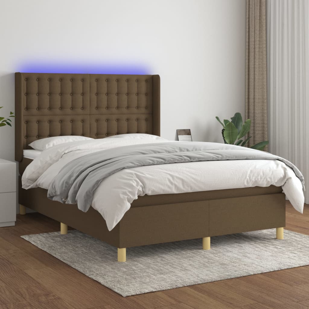Krevet box spring s madracem LED tamnosmeđi 140x200 cm tkanina