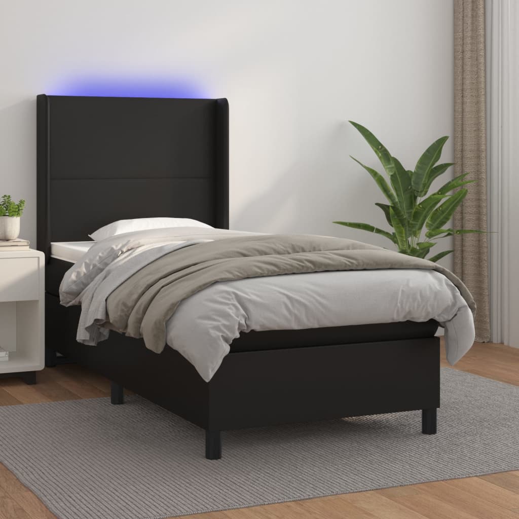 Krevet box spring s madracem LED crni 90x190 cm od umjetne kože