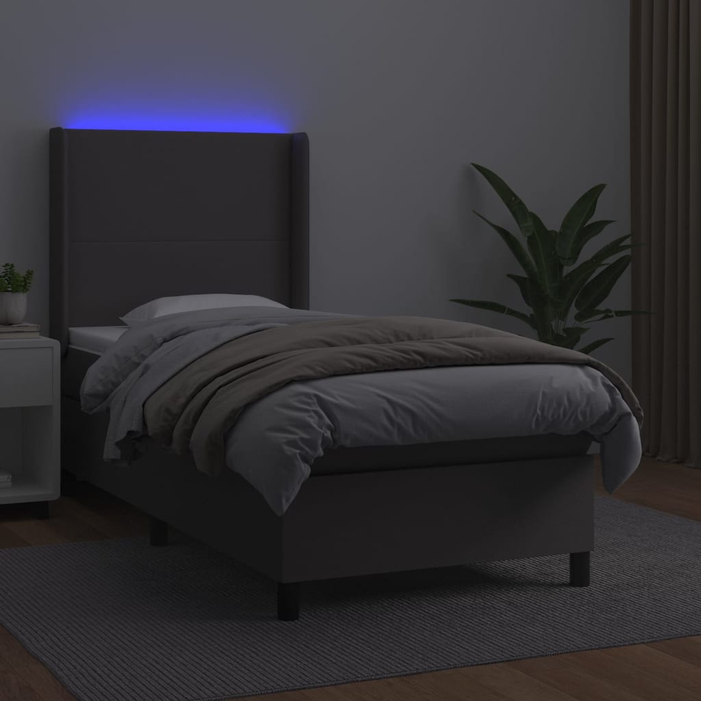 Krevet box spring s madracem LED sivi 90x190 cm od umjetne kože
