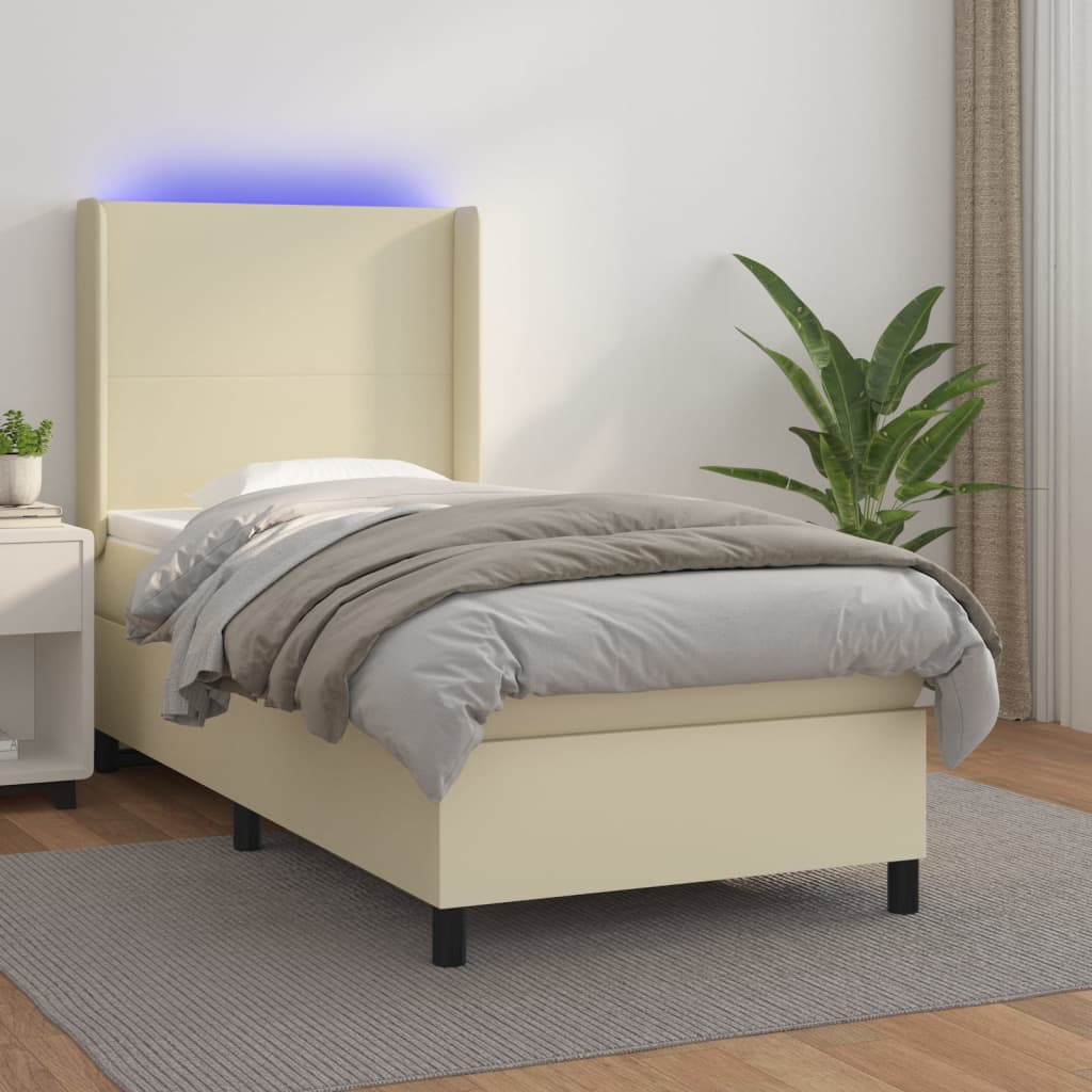 Krevet box spring s madracem LED krem 90x200 cm od umjetne kože