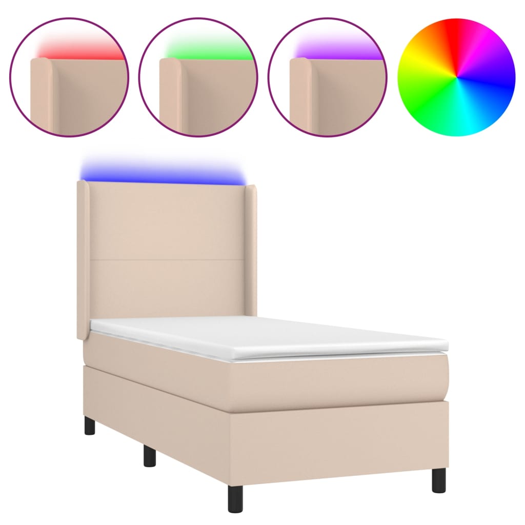 Krevet box spring madrac LED cappuccino 90x200cm umjetna koža