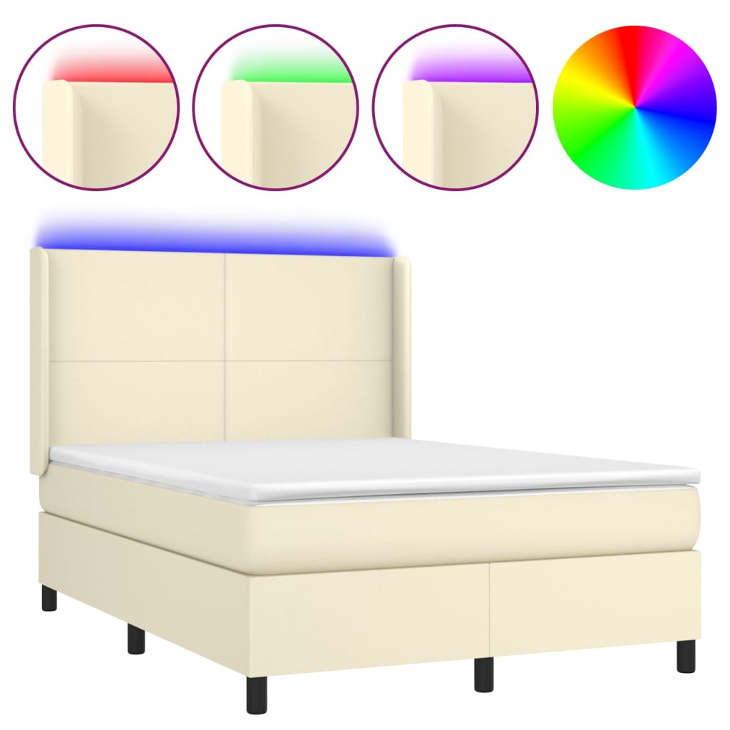Krevet box spring s madracem LED krem 140x200cm od umjetne kože