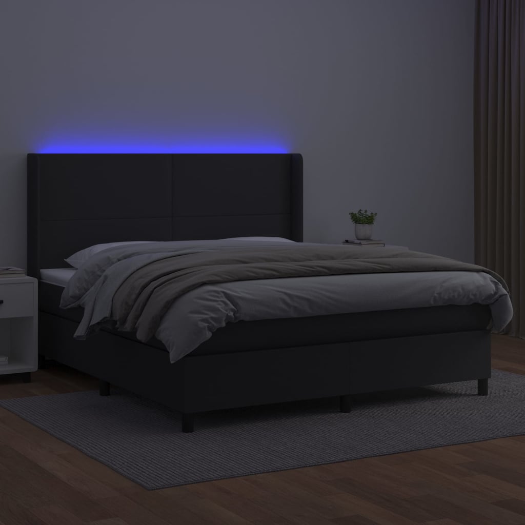Krevet box spring s madracem LED crni 160x200cm od umjetne kože