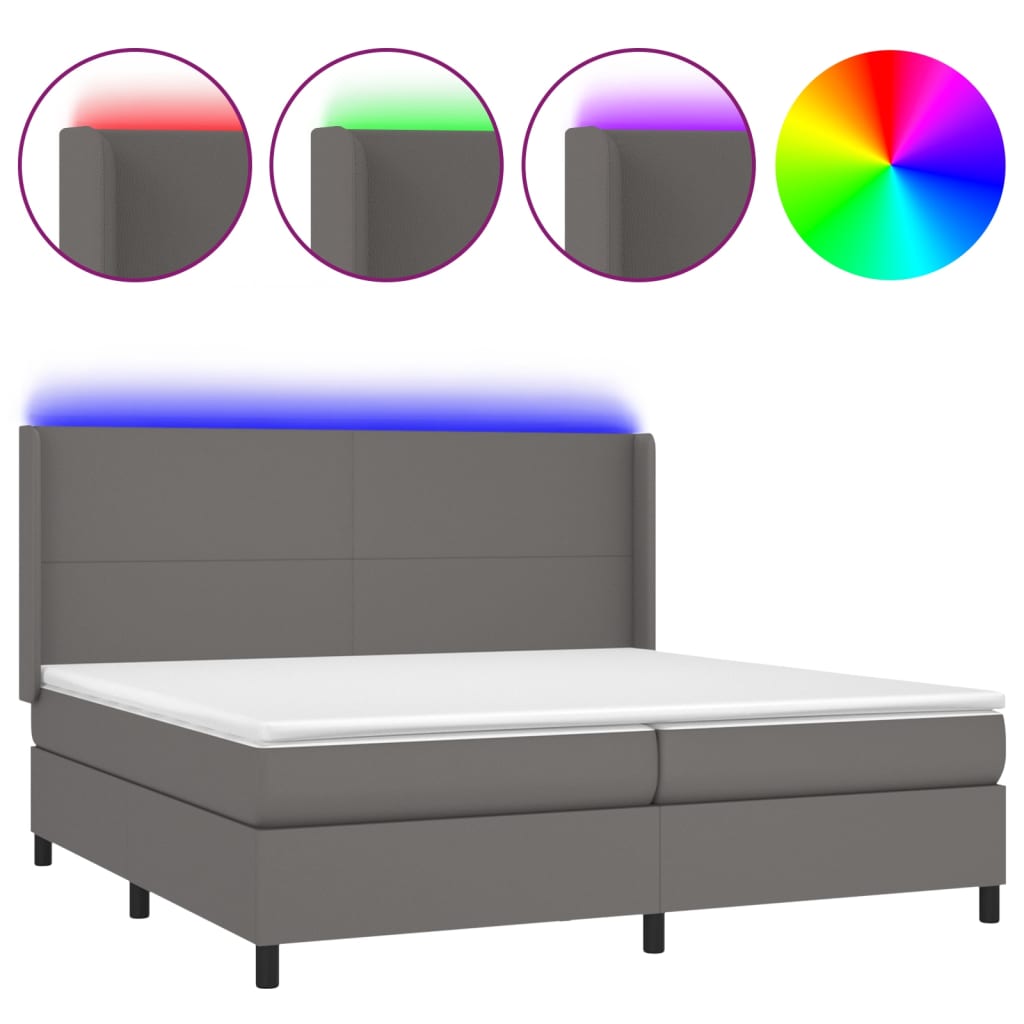 Krevet box spring s madracem LED sivi 200x200cm od umjetne kože