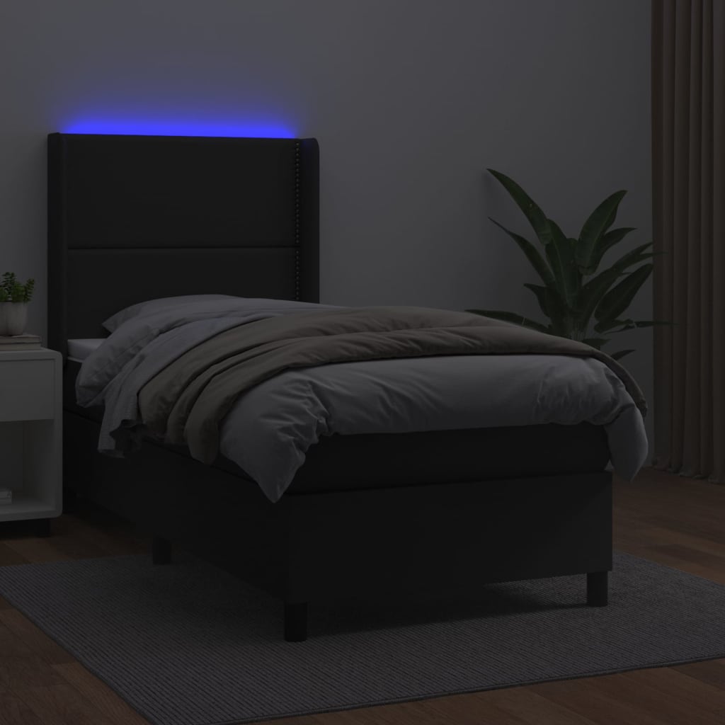 Krevet box spring s madracem LED crni 90x190 cm od umjetne kože
