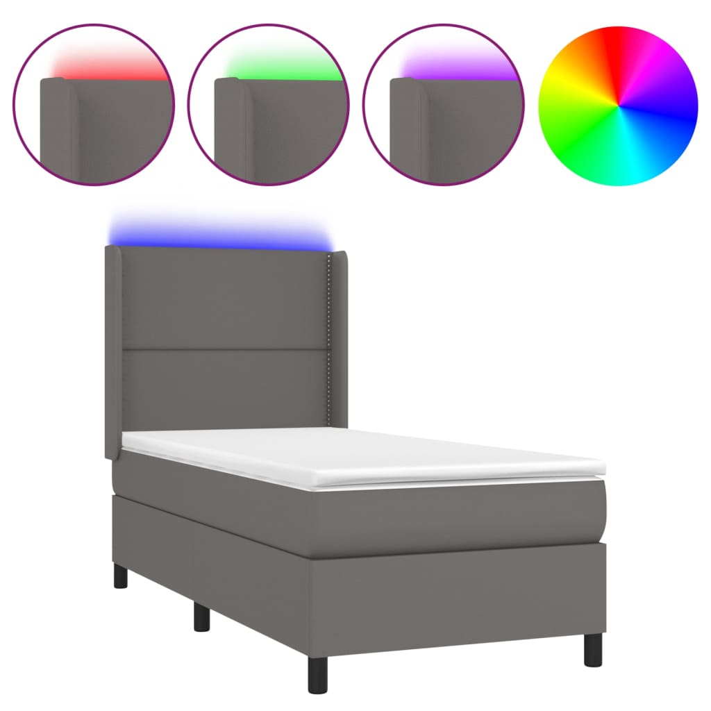 Krevet box spring s madracem LED sivi 90x200 cm od umjetne kože