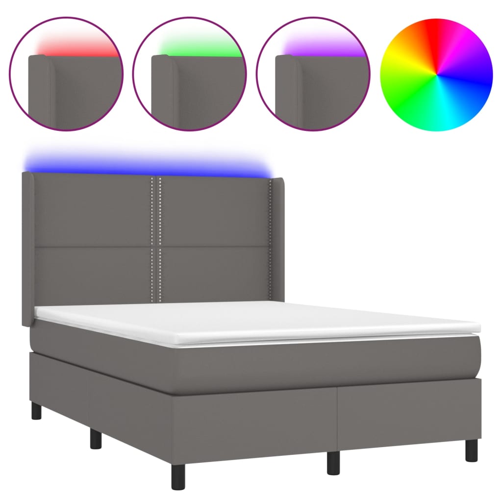 Krevet box spring s madracem LED sivi 140x200cm od umjetne kože