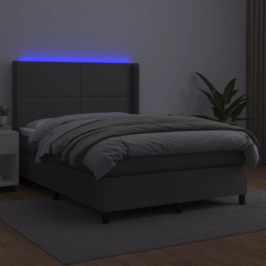 Krevet box spring s madracem LED sivi 140x200cm od umjetne kože