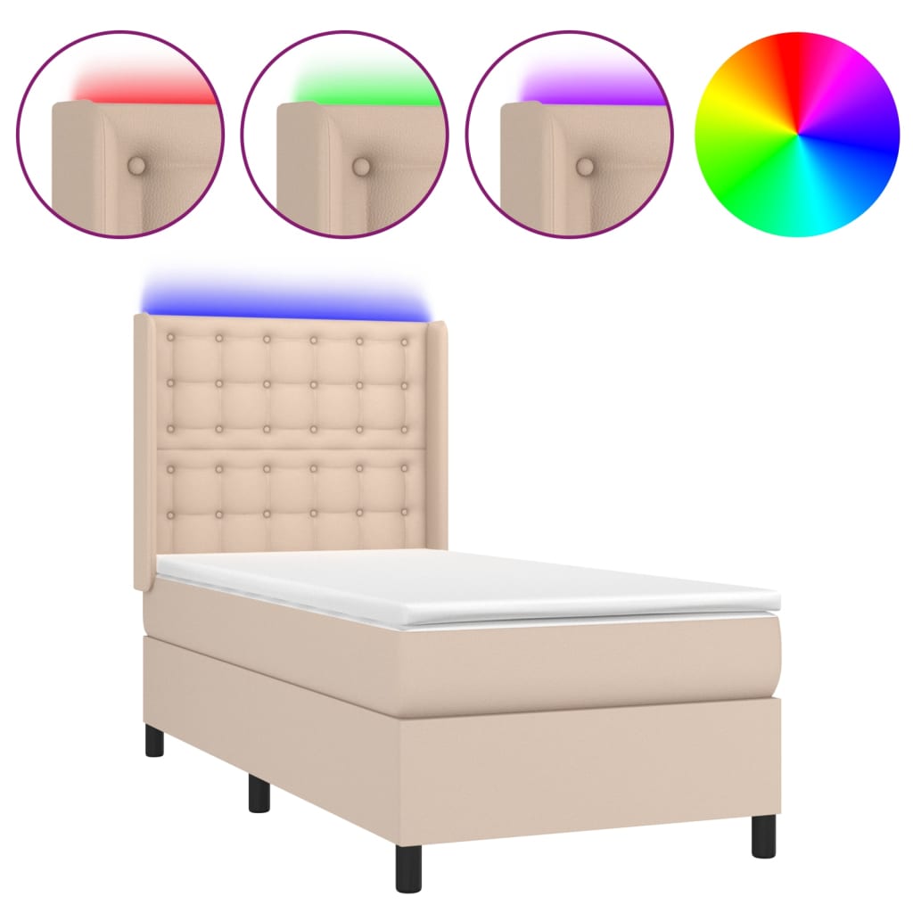 Krevet box spring i madrac LED cappuccino 80x200cm umjetna koža