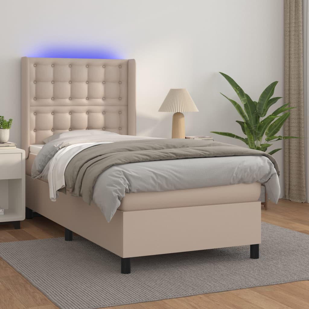 Krevet box spring i madrac LED cappuccino 80x200cm umjetna koža