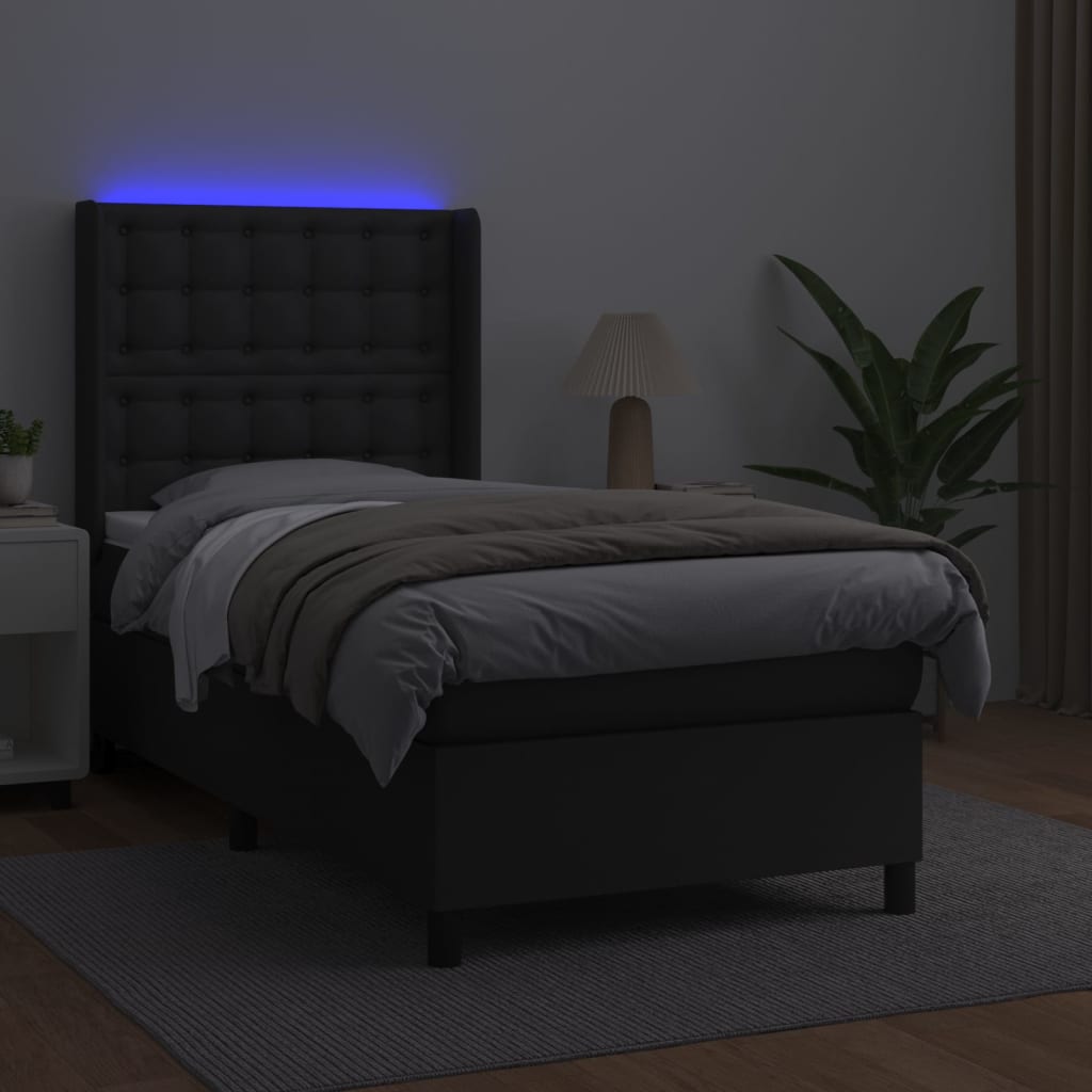 Krevet box spring s madracem LED crni 90x190 cm od umjetne kože