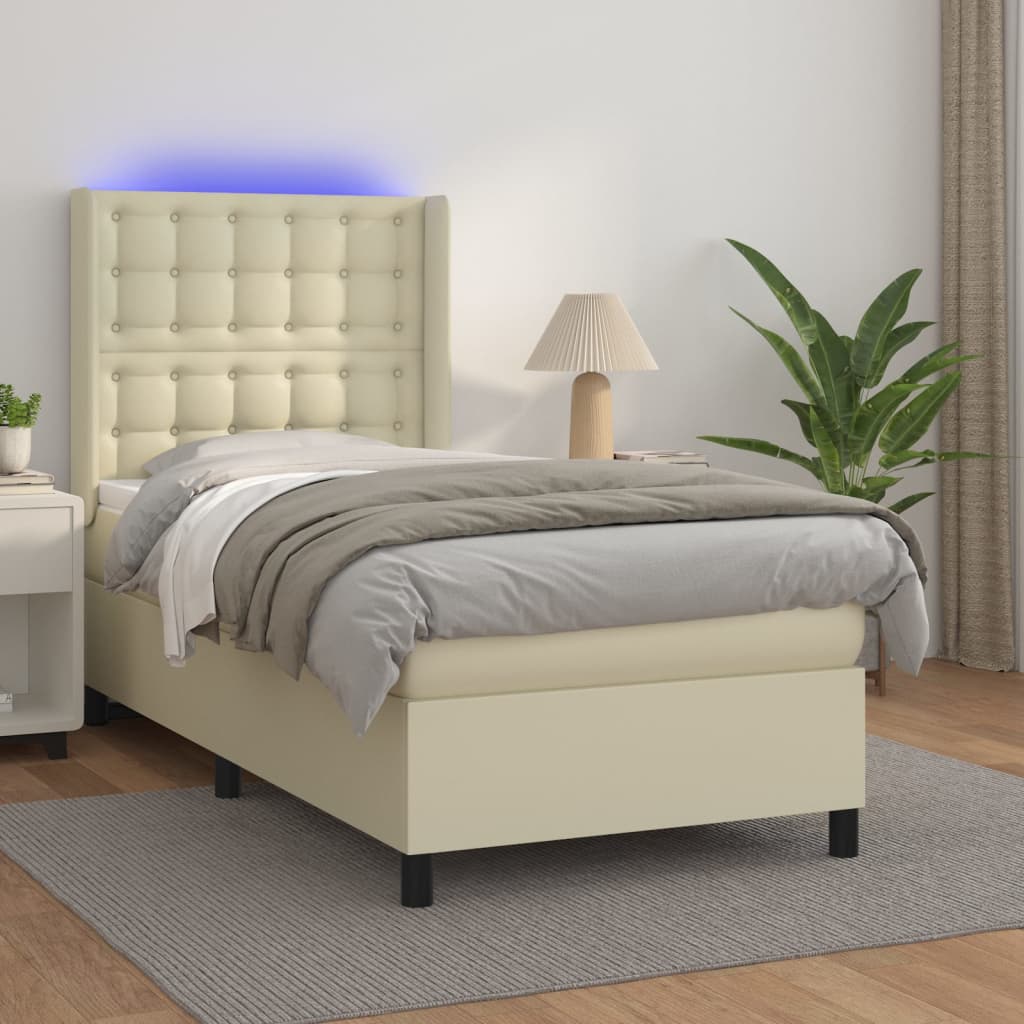 Krevet box spring s madracem LED krem 90x190 cm od umjetne kože