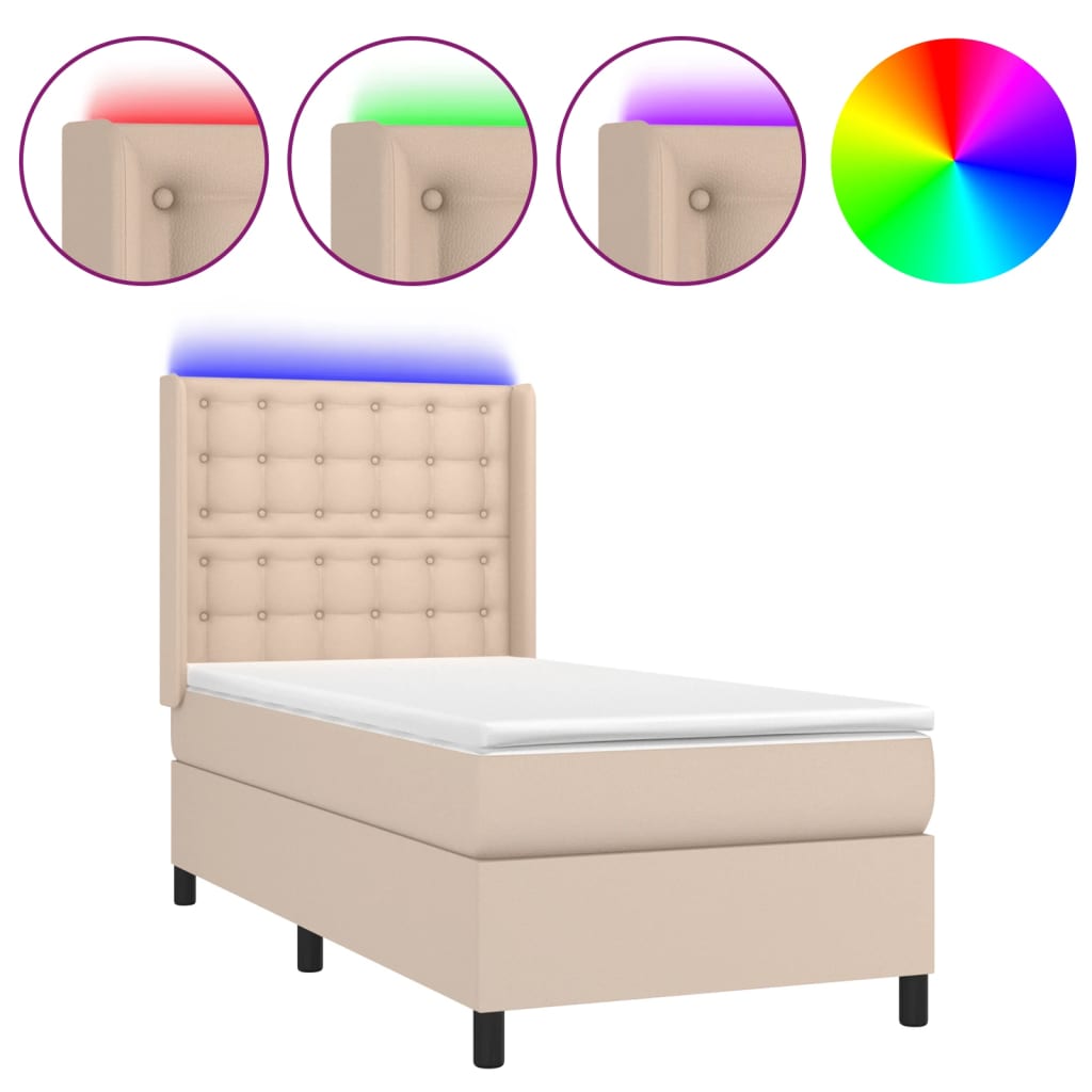 Krevet box spring madrac LED cappuccino 90x190cm umjetna koža
