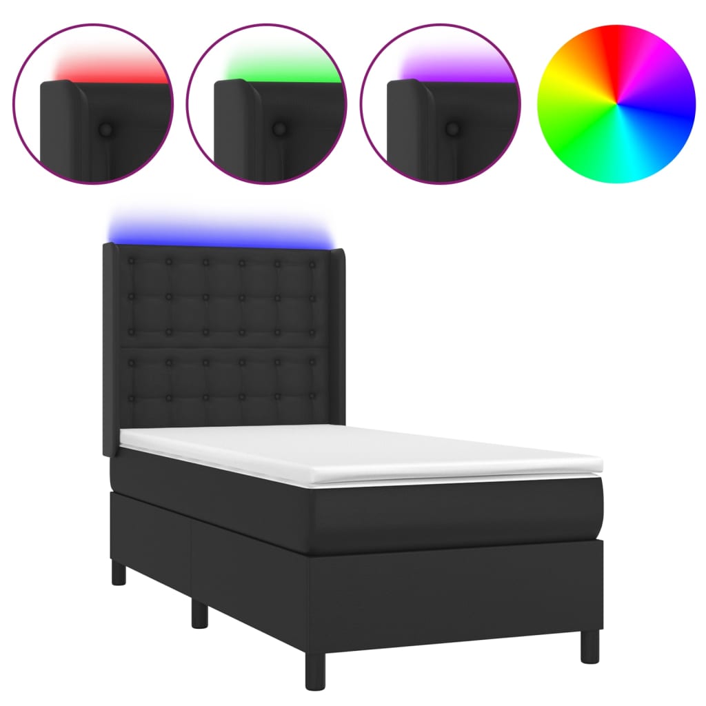 Krevet box spring s madracem LED crni 100x200cm od umjetne kože