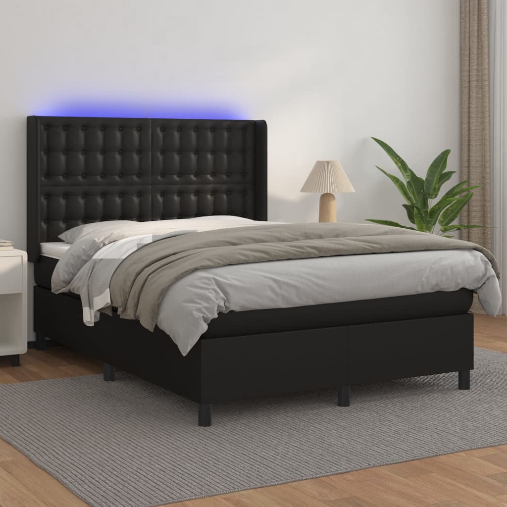 Krevet box spring s madracem LED crni 140 x 190 cm umjetna koža